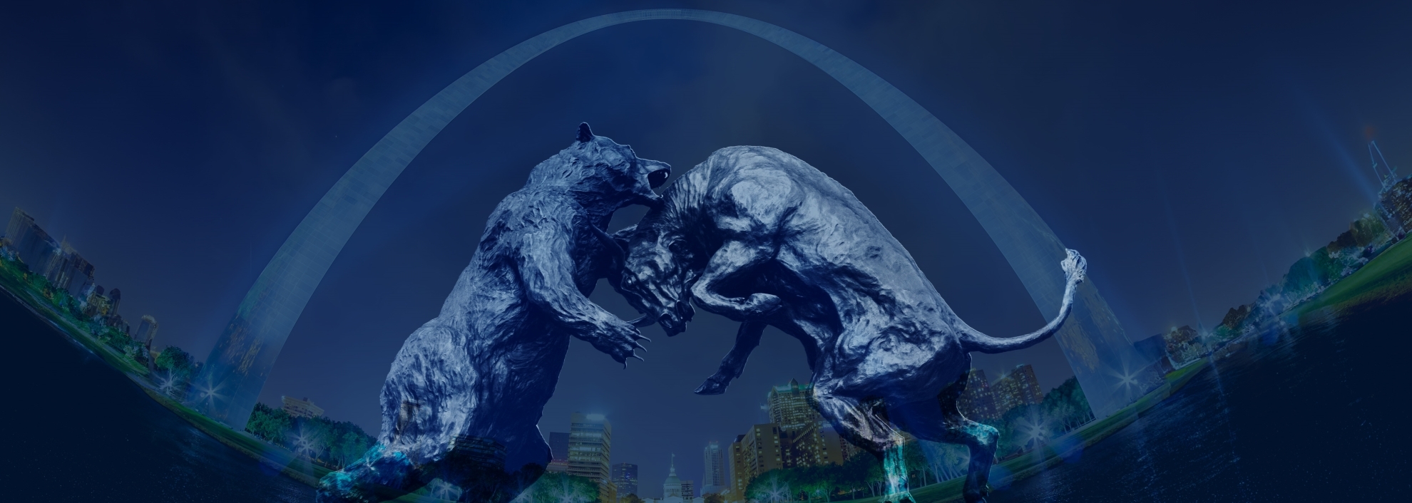 Fisheye view of St. Louis in front of the arch, Stifel Bull and Bear sculpture in front of the arch with a blue hew